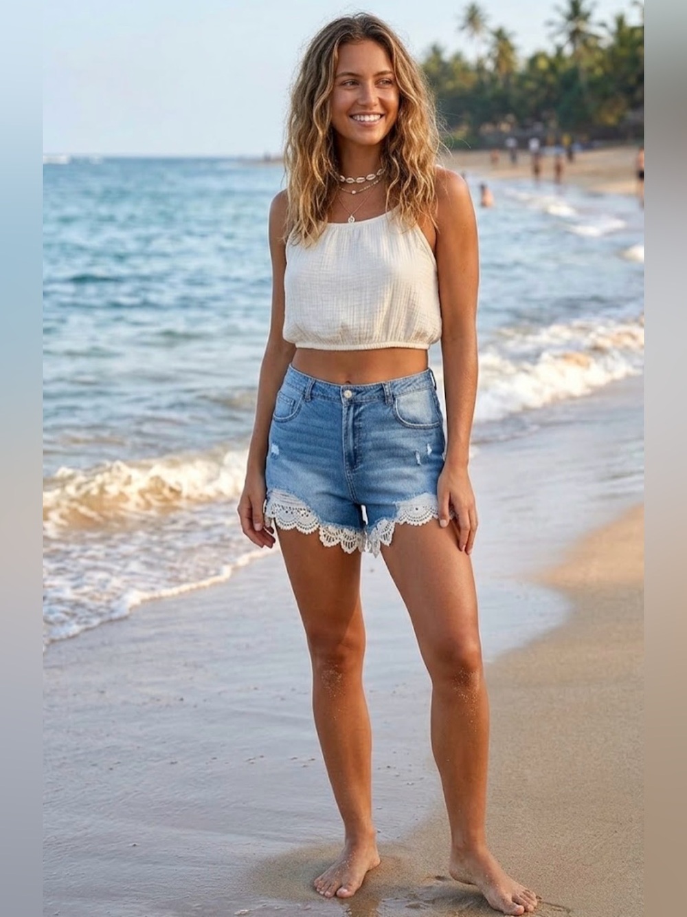 Denim shorts w/white crochet lace hem- Almost Famous